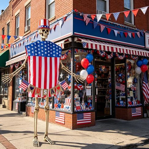 3PCS 12 Ft Skeleton Patriotic Outfits Accessories 4th of July Skeleton Costume Hat, Vest, USA Flag Banner Skelly Outfit Set Giant Skeleton Clothes for Garden Lawn Decor Independence Day Celebration in Saudi Arabia