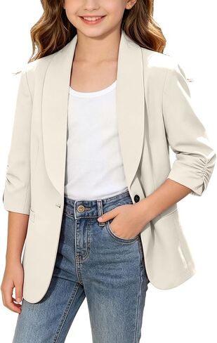 Blazer Jacket for Teen Girls Suit Ruched 3/4 Sleeve Shawl Collar Blazers Back to School Graduation Open Front Coat in Kuwait