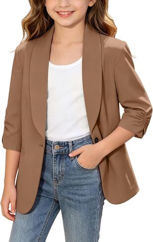 Blazer Jacket for Teen Girls Suit Ruched 3/4 Sleeve Shawl Collar Blazers Back to School Graduation Open Front Coat in Kuwait