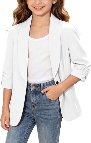 Blazer Jacket for Teen Girls Suit Ruched 3/4 Sleeve Shawl Collar Blazers Back to School Graduation Open Front Coat in Kuwait
