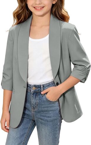 Blazer Jacket for Teen Girls Suit Ruched 3/4 Sleeve Shawl Collar Blazers Back to School Graduation Open Front Coat in Kuwait