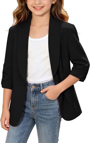 Blazer Jacket for Teen Girls Suit Ruched 3/4 Sleeve Shawl Collar Blazers Back to School Graduation Open Front Coat in Kuwait