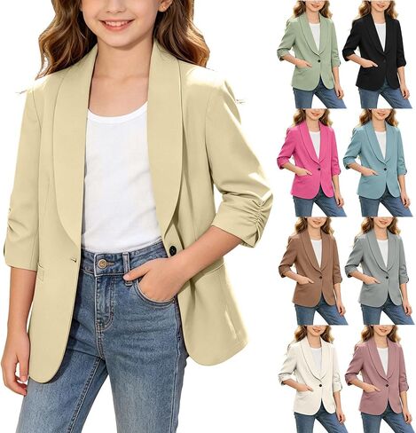 Blazer Jacket for Teen Girls Suit Ruched 3/4 Sleeve Shawl Collar Blazers Back to School Graduation Open Front Coat in Kuwait