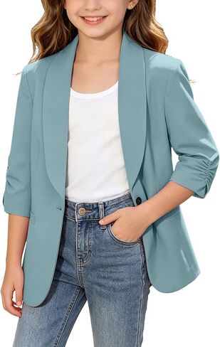 Blazer Jacket for Teen Girls Suit Ruched 3/4 Sleeve Shawl Collar Blazers Back to School Graduation Open Front Coat in Kuwait