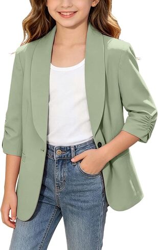 Blazer Jacket for Teen Girls Suit Ruched 3/4 Sleeve Shawl Collar Blazers Back to School Graduation Open Front Coat in Kuwait