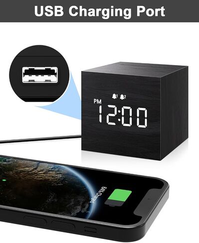 JALL Digital Alarm Clock, with Wooden Electronic LED Time Display, 3 Alarm, 2.5-inch Cubic Small Mini Wood Made Electric Clocks for Bedroom, Bedside, Desk, Black in Saudi Arabia