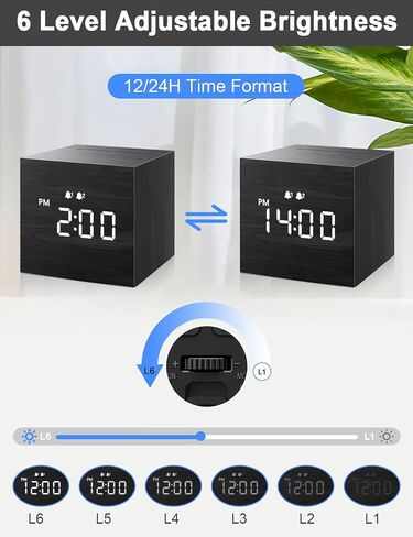 JALL Digital Alarm Clock, with Wooden Electronic LED Time Display, 3 Alarm, 2.5-inch Cubic Small Mini Wood Made Electric Clocks for Bedroom, Bedside, Desk, Black in Saudi Arabia