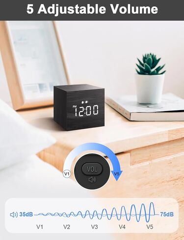JALL Digital Alarm Clock, with Wooden Electronic LED Time Display, 3 Alarm, 2.5-inch Cubic Small Mini Wood Made Electric Clocks for Bedroom, Bedside, Desk, Black in Saudi Arabia
