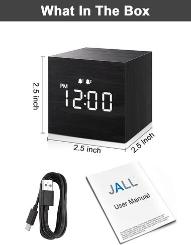 JALL Digital Alarm Clock, with Wooden Electronic LED Time Display, 3 Alarm, 2.5-inch Cubic Small Mini Wood Made Electric Clocks for Bedroom, Bedside, Desk, Black in Saudi Arabia