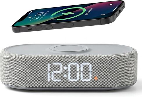 Fabric Digital Alarm Clock for Bedroom with Wireless Charging, USB-C Port, Dual Alarm, 30-Min Snooze, Dimmable Display, Ambient Light, Battery Backup, Modern Bedside Clock (Gary) in Kuwait