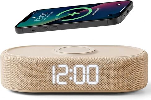 Fabric Digital Alarm Clock for Bedroom with Wireless Charging, USB-C Port, Dual Alarm, 30-Min Snooze, Dimmable Display, Ambient Light, Battery Backup, Modern Bedside Clock (Gary) in Kuwait