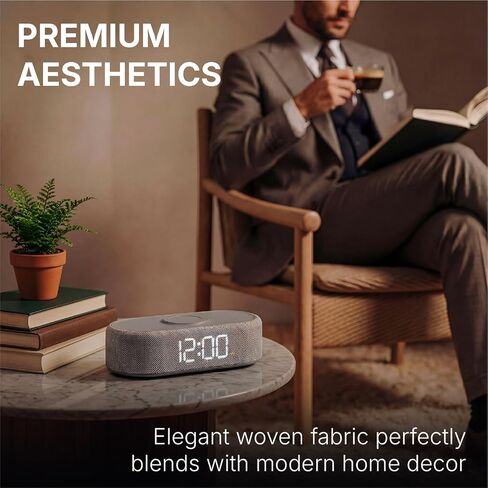 Fabric Digital Alarm Clock for Bedroom with Wireless Charging, USB-C Port, Dual Alarm, 30-Min Snooze, Dimmable Display, Ambient Light, Battery Backup, Modern Bedside Clock (Gary) in Kuwait