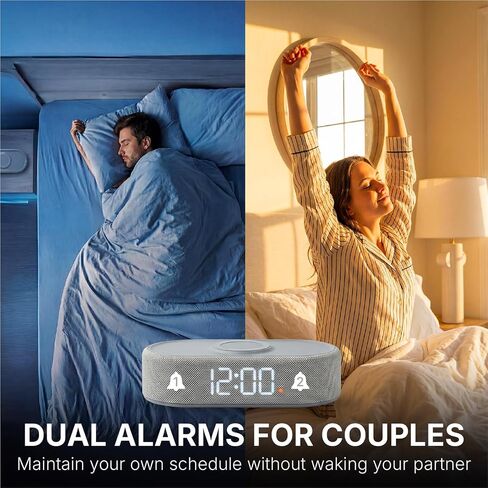 Fabric Digital Alarm Clock for Bedroom with Wireless Charging, USB-C Port, Dual Alarm, 30-Min Snooze, Dimmable Display, Ambient Light, Battery Backup, Modern Bedside Clock (Gary) in Kuwait