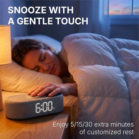 Fabric Digital Alarm Clock for Bedroom with Wireless Charging, USB-C Port, Dual Alarm, 30-Min Snooze, Dimmable Display, Ambient Light, Battery Backup, Modern Bedside Clock (Gary) in Kuwait