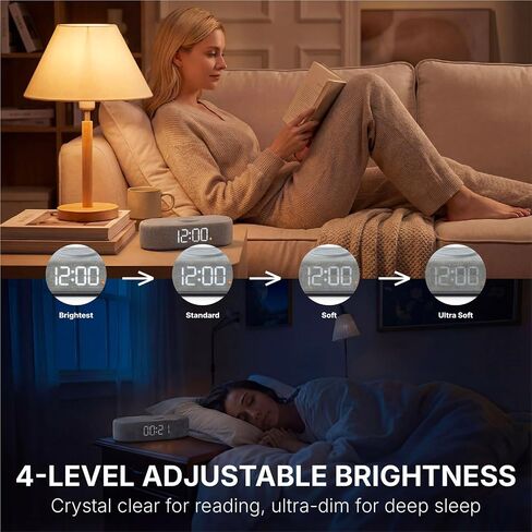 Fabric Digital Alarm Clock for Bedroom with Wireless Charging, USB-C Port, Dual Alarm, 30-Min Snooze, Dimmable Display, Ambient Light, Battery Backup, Modern Bedside Clock (Gary) in Kuwait