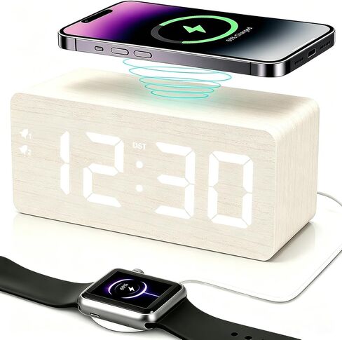 URAYCO Wooden Digital Alarm Clock, 10W Fast Wireless Charger Station & 2 USB Charging Ports, with 0~99% Dimmer, Dual Alarm, Weekday/Weekend Mode, Wood LED Clock for Bedroom, Desk, Office in Saudi Arabia