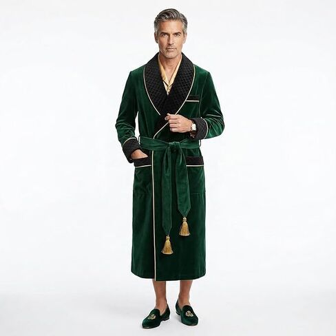 Smoking Jacket Green Long Velvet Gown For Men English Vintage Gentleman Belted Robes in Saudi Arabia
