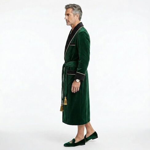 Smoking Jacket Green Long Velvet Gown For Men English Vintage Gentleman Belted Robes in Saudi Arabia