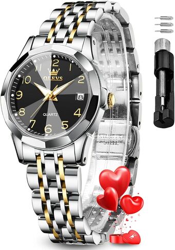 OLEVS Womens Watch Fashion Dress Diamond Female Watches for Ladies Analog Quartz Stainless Steel Waterproof Luminous Day Date Two Tone Wristwatch in Kuwait