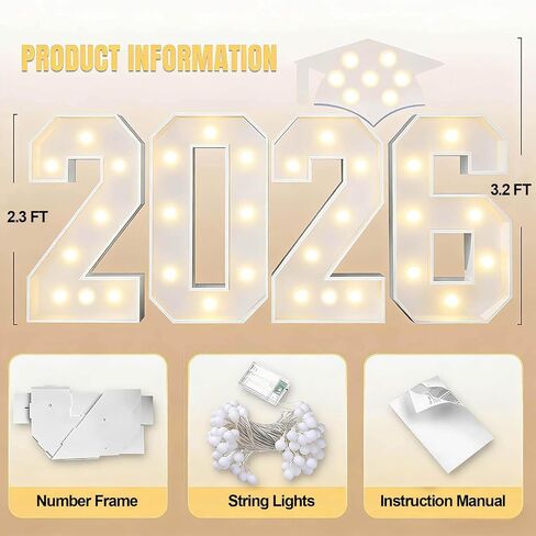 2.3ft Class of 2026 Light Up Numbers Graduation Decorations Large Marquee Letters with Lights Giant Jumbo Foam Board Lighted Sign Big Grad Mosaic 2.3 Feet Tall High School College Party Prom Decor in Saudi Arabia
