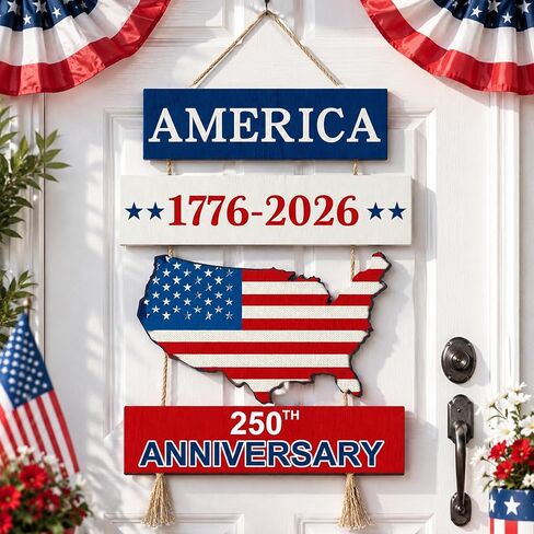 Fuutreo 250 Anniversary 4th of July Door Sign 250th Anniversary 1776-2026 US Wreath Patriotic Independence Door Hanger Wooden Plaque Wall Decor Hanging Sign for Home Porch Outdoor Decor in Kuwait