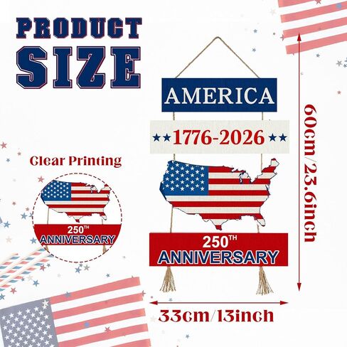 Fuutreo 250 Anniversary 4th of July Door Sign 250th Anniversary 1776-2026 US Wreath Patriotic Independence Door Hanger Wooden Plaque Wall Decor Hanging Sign for Home Porch Outdoor Decor in Kuwait