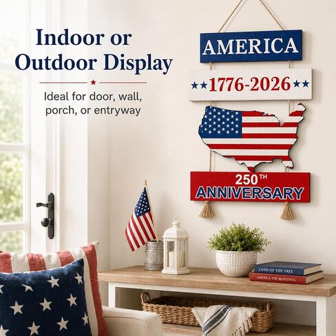 Fuutreo 250 Anniversary 4th of July Door Sign 250th Anniversary 1776-2026 US Wreath Patriotic Independence Door Hanger Wooden Plaque Wall Decor Hanging Sign for Home Porch Outdoor Decor in Kuwait