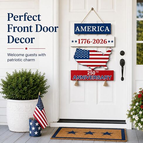 Fuutreo 250 Anniversary 4th of July Door Sign 250th Anniversary 1776-2026 US Wreath Patriotic Independence Door Hanger Wooden Plaque Wall Decor Hanging Sign for Home Porch Outdoor Decor in Kuwait