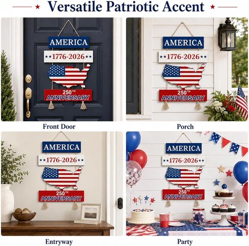 Fuutreo 250 Anniversary 4th of July Door Sign 250th Anniversary 1776-2026 US Wreath Patriotic Independence Door Hanger Wooden Plaque Wall Decor Hanging Sign for Home Porch Outdoor Decor in Kuwait