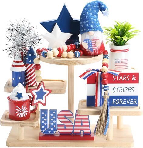 4th of July Decorations 8 Pcs Tiered Tray Decor, Patriotic Memorial Day Independence Day Decorations for Home Office Indoor, Fourth of July Table Centerpiece Shelf Mantel Red White and Blue Decor Sign in Saudi Arabia