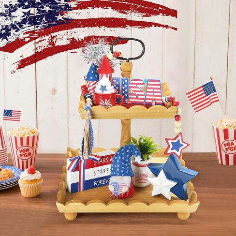 4th of July Decorations 8 Pcs Tiered Tray Decor, Patriotic Memorial Day Independence Day Decorations for Home Office Indoor, Fourth of July Table Centerpiece Shelf Mantel Red White and Blue Decor Sign in Saudi Arabia