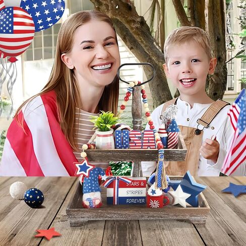 4th of July Decorations 8 Pcs Tiered Tray Decor, Patriotic Memorial Day Independence Day Decorations for Home Office Indoor, Fourth of July Table Centerpiece Shelf Mantel Red White and Blue Decor Sign in Saudi Arabia