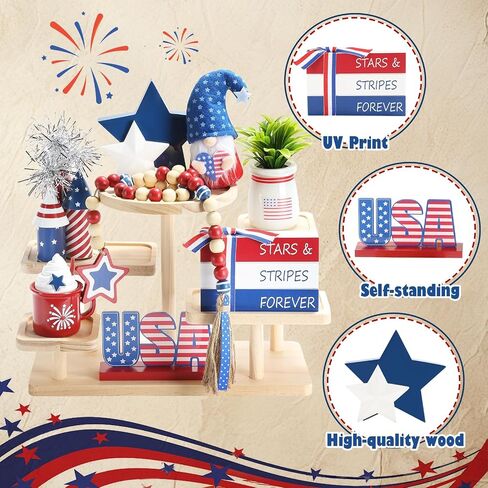 4th of July Decorations 8 Pcs Tiered Tray Decor, Patriotic Memorial Day Independence Day Decorations for Home Office Indoor, Fourth of July Table Centerpiece Shelf Mantel Red White and Blue Decor Sign in Saudi Arabia