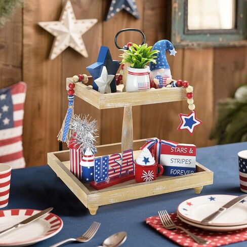 4th of July Decorations 8 Pcs Tiered Tray Decor, Patriotic Memorial Day Independence Day Decorations for Home Office Indoor, Fourth of July Table Centerpiece Shelf Mantel Red White and Blue Decor Sign in Saudi Arabia