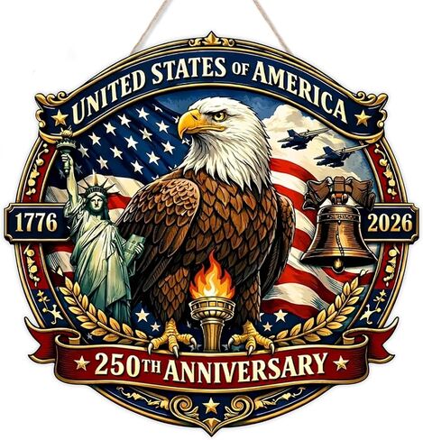 250 Anniversary 4th of July Door Sign Wooden 250th Anniversary 1776-2026 Wreath Double Layer Patriotic Independence Door Hanger Wooden Wall Decor Hanging Sign for Home Porch Outdoor Party Decor in Saudi Arabia