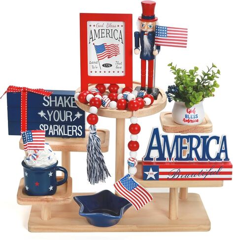 4th of July Decorations 8 Pcs Tiered Tray Decor, Patriotic Memorial Day Independence Day Decorations for Home Office Indoor, Fourth of July Table Centerpiece Shelf Mantel Red White and Blue Decor Sign in Saudi Arabia