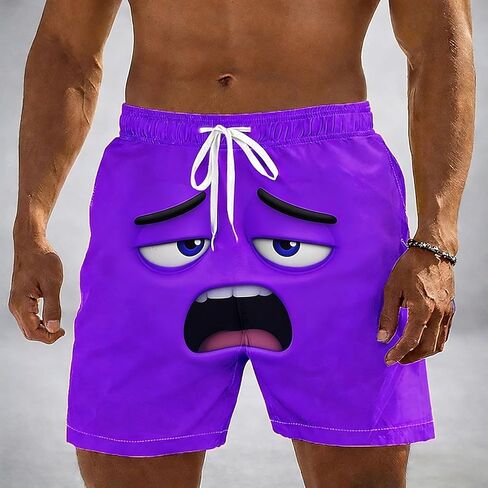 3D Cartoon Smile Face Swim Shorts for Men Elastic Waist Drawstring Summer Short Pants Funny Beach Vacation Outfit in Kuwait