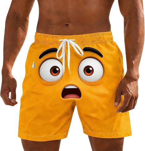 3D Cartoon Smile Face Swim Shorts for Men Elastic Waist Drawstring Summer Short Pants Funny Beach Vacation Outfit in Kuwait