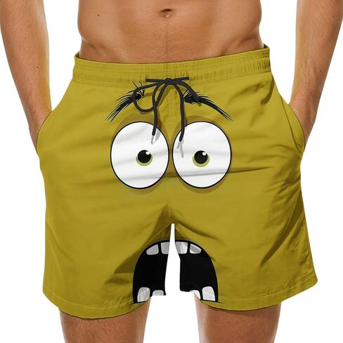 3D Cartoon Smile Face Swim Shorts for Men Elastic Waist Drawstring Summer Short Pants Funny Beach Vacation Outfit in Kuwait