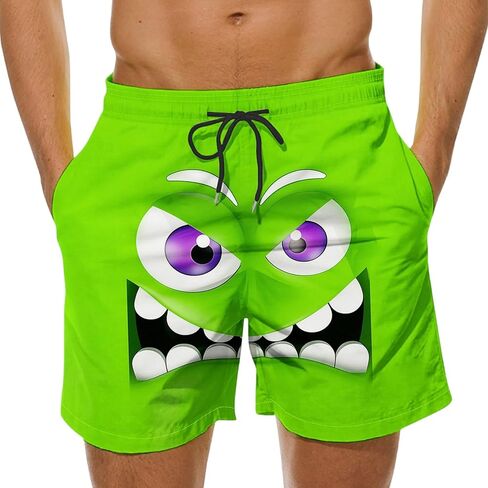 3D Cartoon Smile Face Swim Shorts for Men Elastic Waist Drawstring Summer Short Pants Funny Beach Vacation Outfit in Kuwait