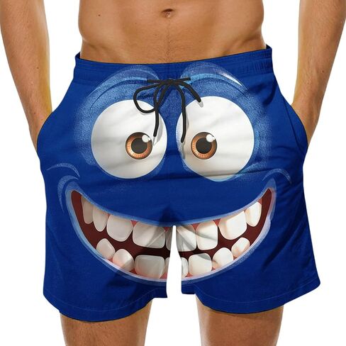 3D Cartoon Smile Face Swim Shorts for Men Elastic Waist Drawstring Summer Short Pants Funny Beach Vacation Outfit in Kuwait