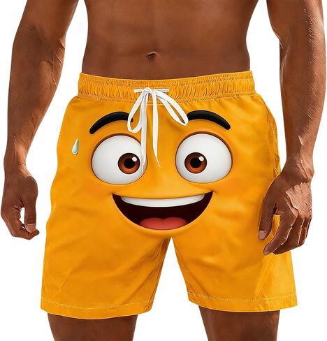 3D Cartoon Smile Face Swim Shorts for Men Elastic Waist Drawstring Summer Short Pants Funny Beach Vacation Outfit in Kuwait