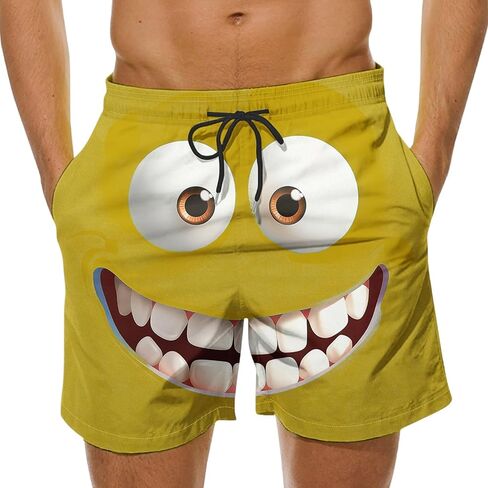 3D Cartoon Smile Face Swim Shorts for Men Elastic Waist Drawstring Summer Short Pants Funny Beach Vacation Outfit in Kuwait