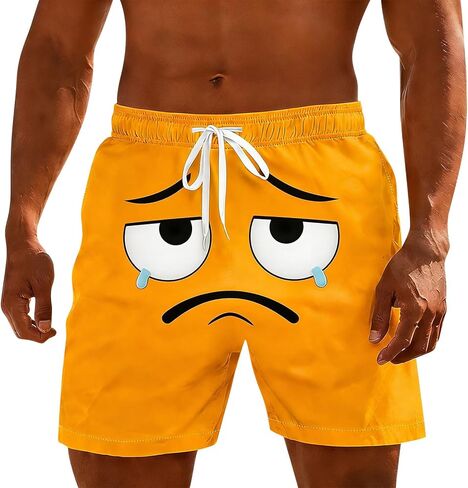 3D Cartoon Smile Face Swim Shorts for Men Elastic Waist Drawstring Summer Short Pants Funny Beach Vacation Outfit in Kuwait
