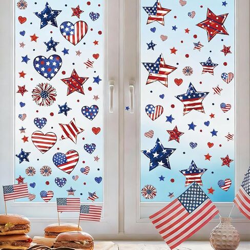 250th Anniversary Patriotic Window Clings 66 Pcs American Flag Star Window Decals PVC Static Stickers for Independence Day Memorial Day 4th of July Home School Office Party Decorations in Kuwait