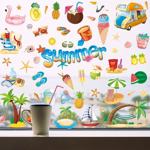 134Pcs Summer Window Clings, Sun Beach Pool Double-Side Window Stickers Decal for Home Office Window in Saudi Arabia