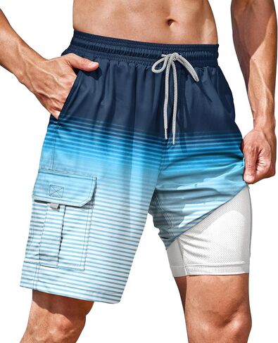 Mens Swim Trunks with Compression Liner Mesh 9" Quick Dry Pockets 2 in 1 Graphic Beach Shorts (S-XXL) in Saudi Arabia