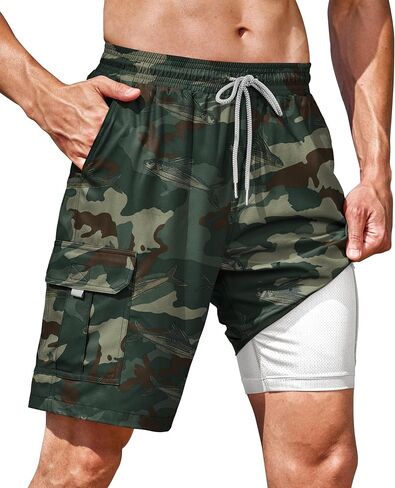 سروال سباحة رجالي مع بطانة ضغط شبكية 9 بوصات جيوب سريعة الجفاف 2 في 1 شورت شاطئ جرافيك (S-XXL) in Kuwait