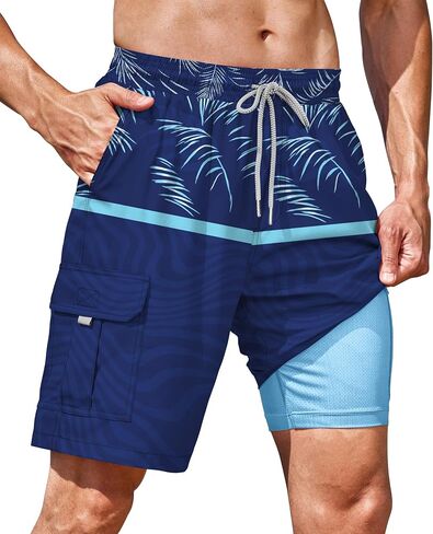 سروال سباحة رجالي مع بطانة ضغط شبكية 9 بوصات جيوب سريعة الجفاف 2 في 1 شورت شاطئ جرافيك (S-XXL) in Kuwait