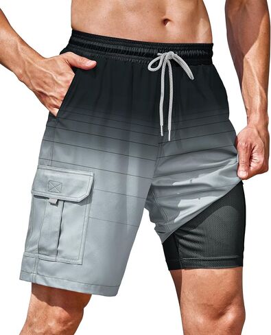 سروال سباحة رجالي مع بطانة ضغط شبكية 9 بوصات جيوب سريعة الجفاف 2 في 1 شورت شاطئ جرافيك (S-XXL) in Kuwait